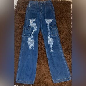 Fashion Nova Blue Distressed Straight Leg Jeans